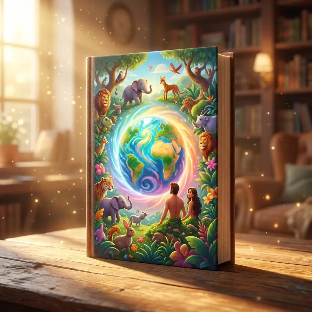 3D Pixar-style cinematic book cover showing a vibrant Earth surrounded by animals and light.