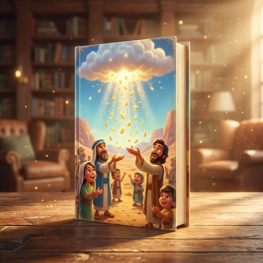 3D cinematic book cover of people gathering golden manna falling from a glowing cloud in the desert.