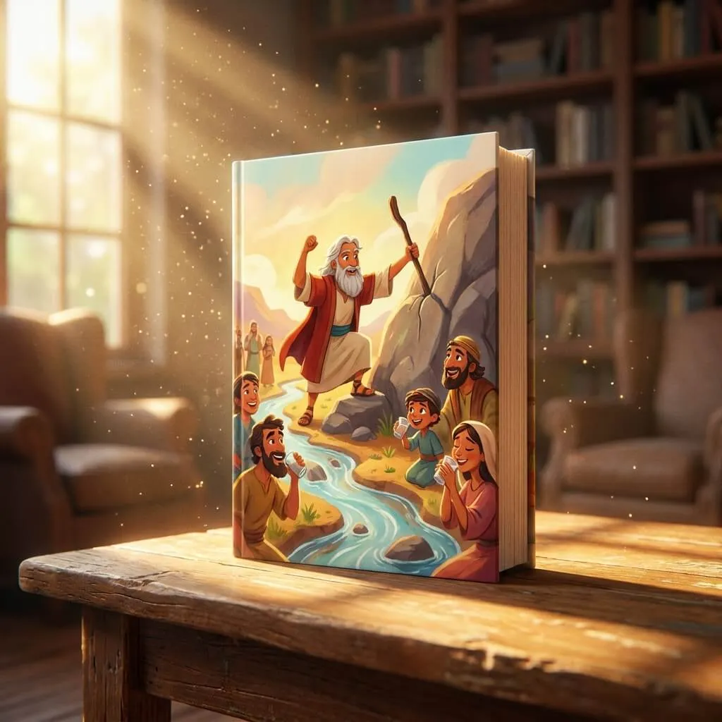 3D Pixar-style illustration of Moses standing by a sparkling stream with people drinking joyfully.