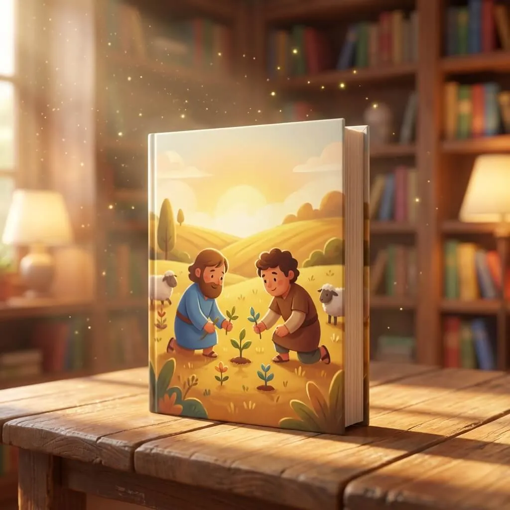 3D illustration of two brothers, Cain and Abel, working in a sunny, ancient field with sheep.