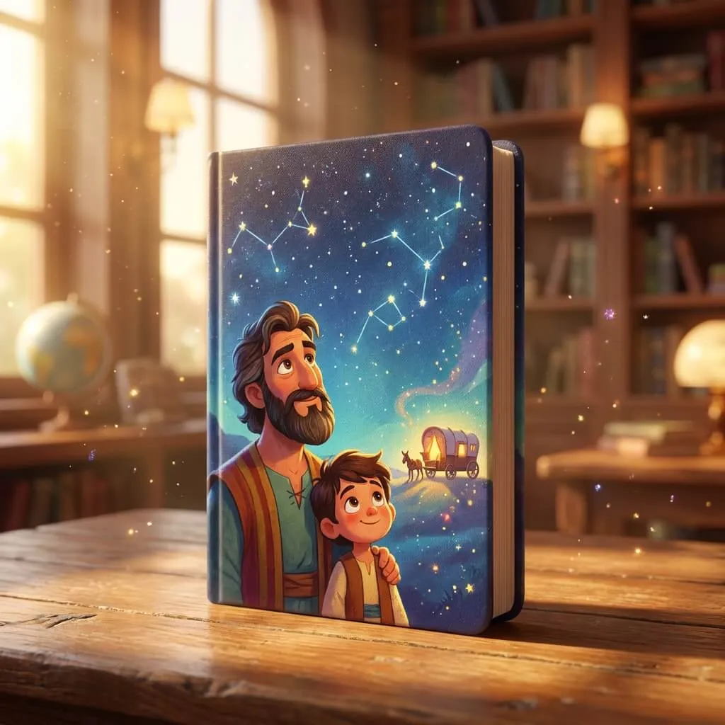 3D scene of Abraham and a young child looking up at a vast, starry night sky with constellations.