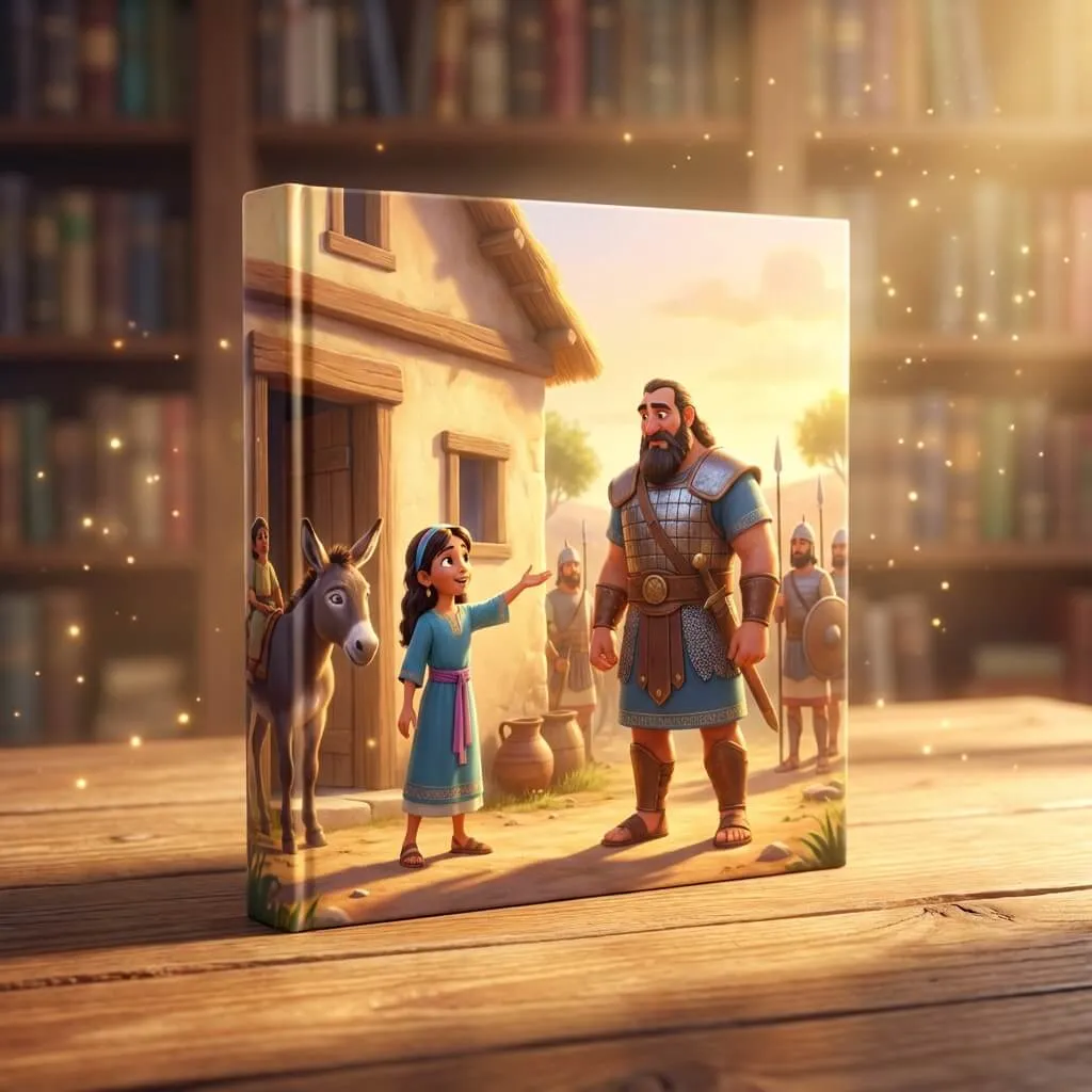 3D cinematic cover of a young girl talking to a captain in silver armor next to a donkey.
