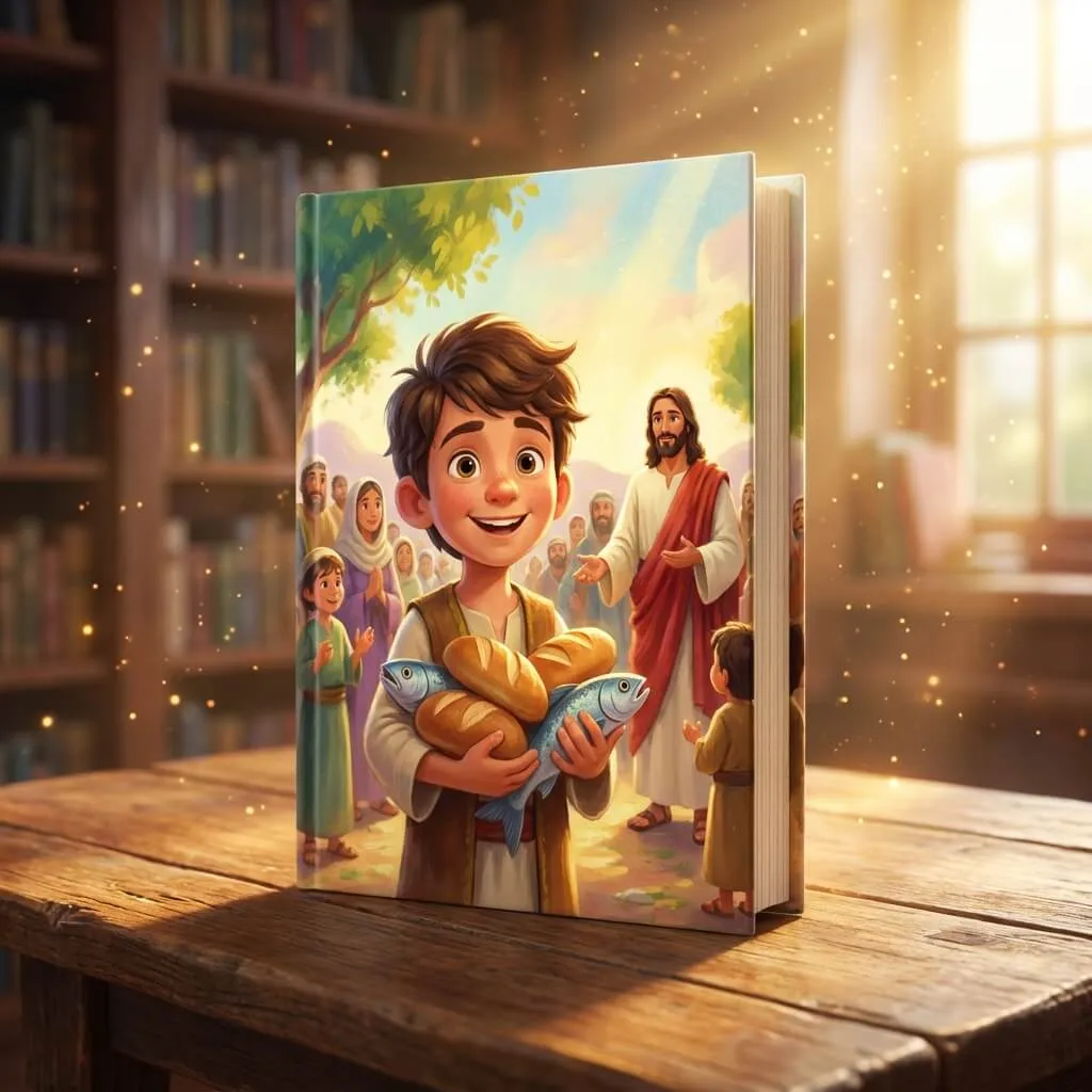 Heartwarming 3D scene of a smiling boy holding a basket of bread and fish with Jesus in the background.
