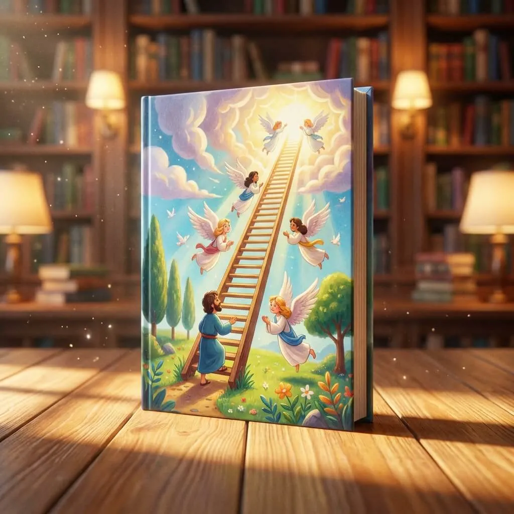Magical 3D illustration of a golden ladder reaching to heaven with angels and a glowing light.