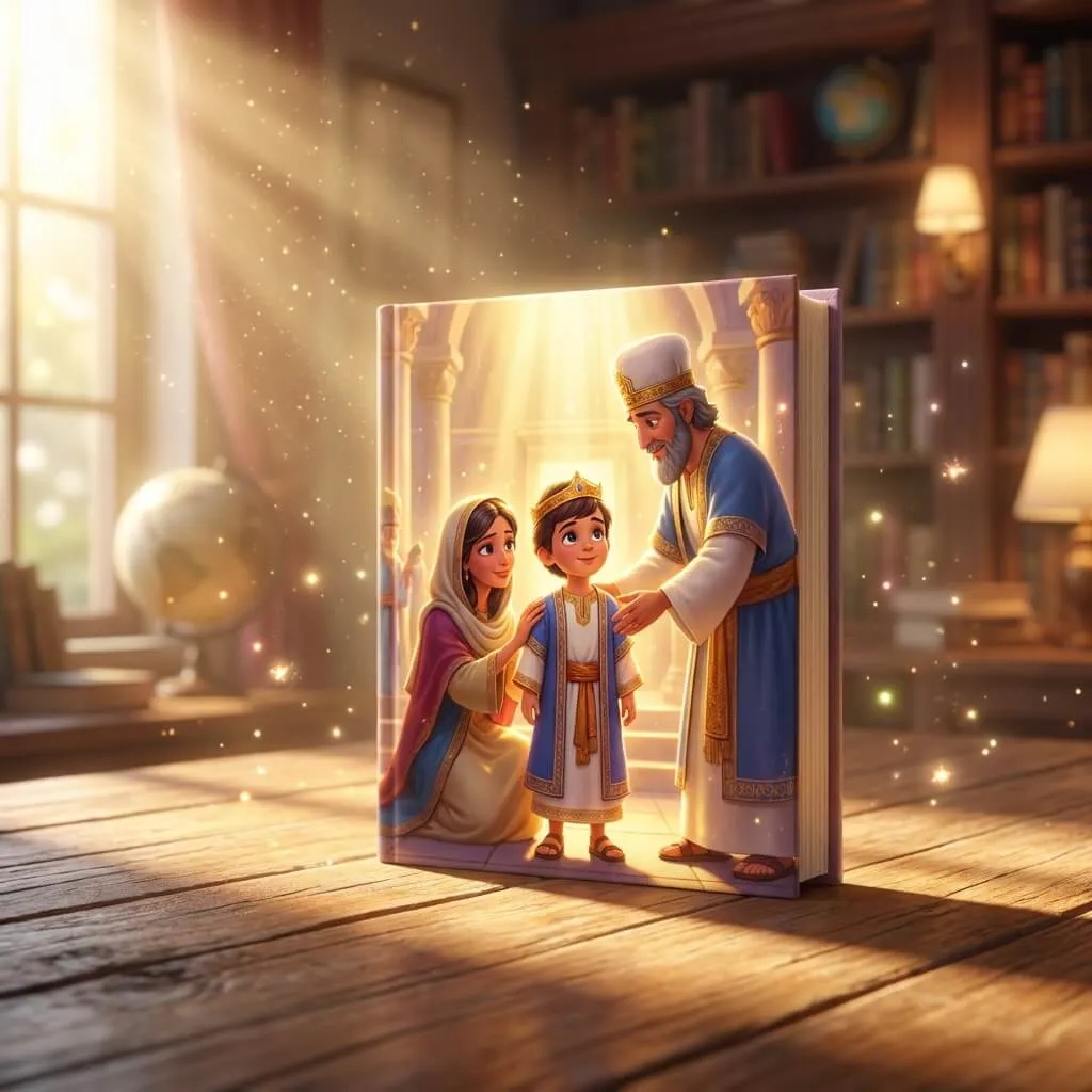 3D illustration of a young prince in blue robes being presented by a priest in a sunlit temple.
