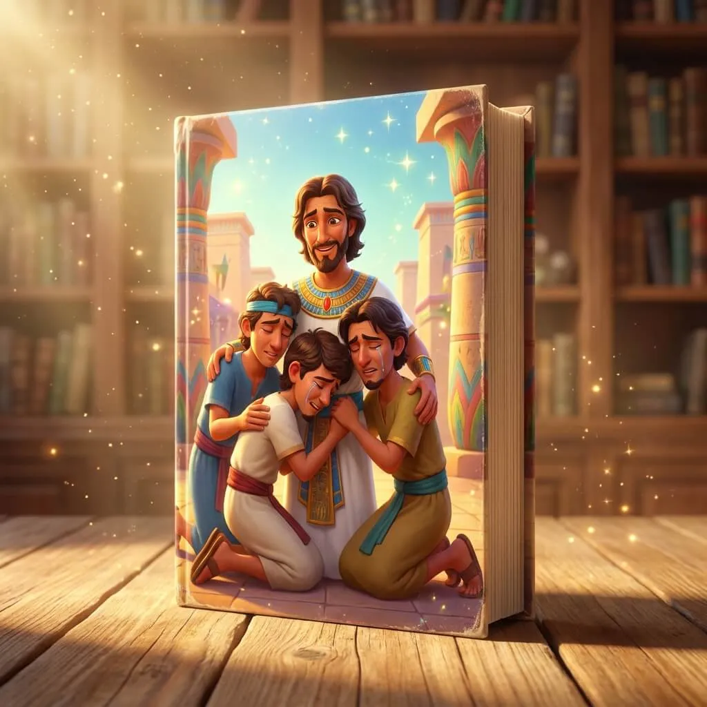Emotional 3D scene of Joseph in Egyptian royal attire embracing his brothers in a palace.