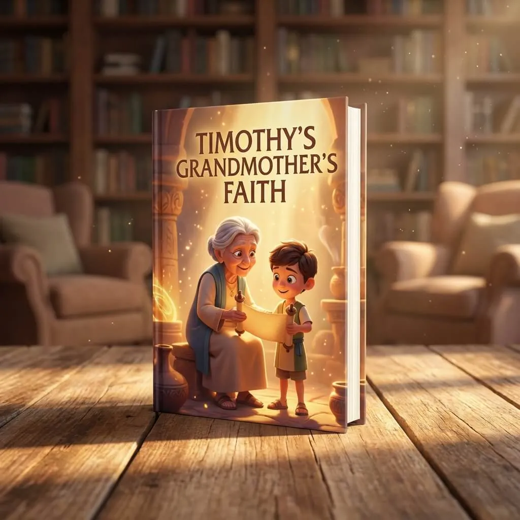 Heartwarming 3D scene of an elderly woman reading a scroll to a young boy in a golden room.