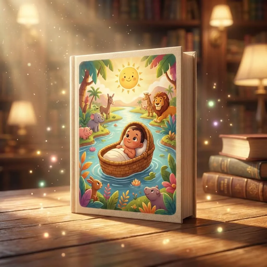 3D render of a baby in a woven basket floating safely down the Nile River surrounded by animals.