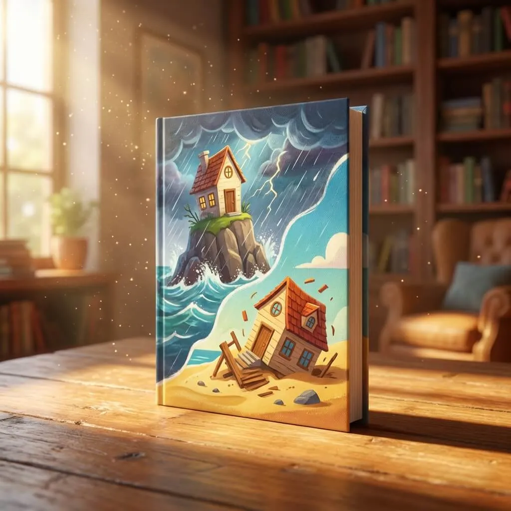 3D cinematic scene comparing a sturdy house on a cliff to a collapsing house on the sand during a storm.