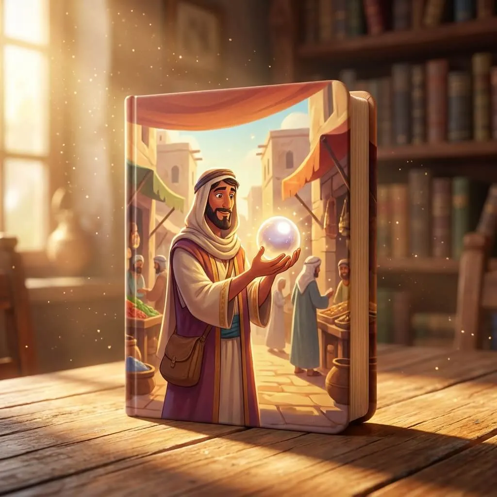 3D render of a merchant in a marketplace holding a large, glowing white pearl with awe.