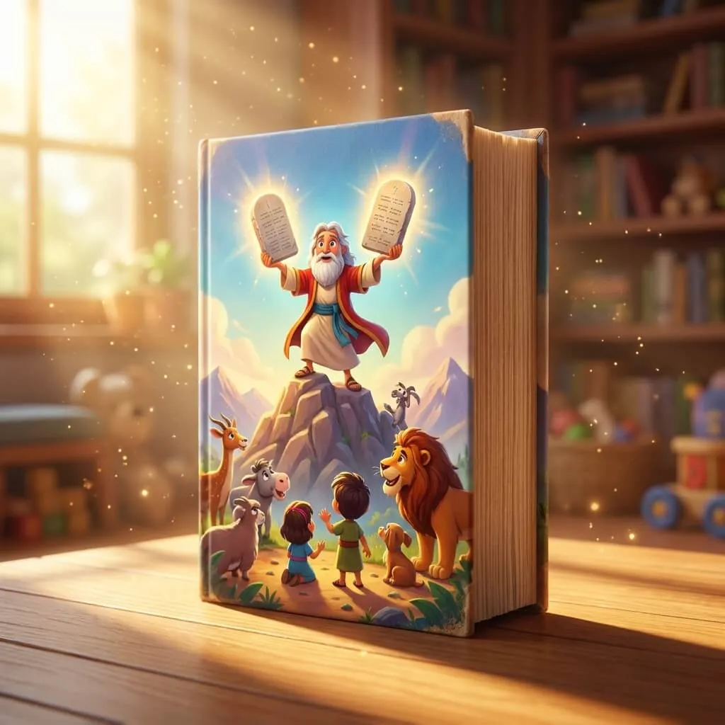 Powerful 3D cinematic cover of Moses holding two stone tablets on top of a mountain.