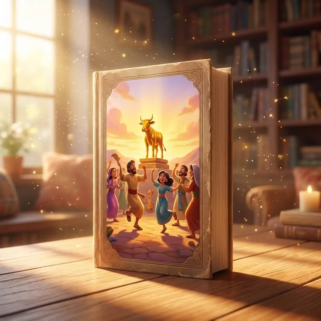 3D illustration of people dancing around a golden statue in a desert camp at sunset.
