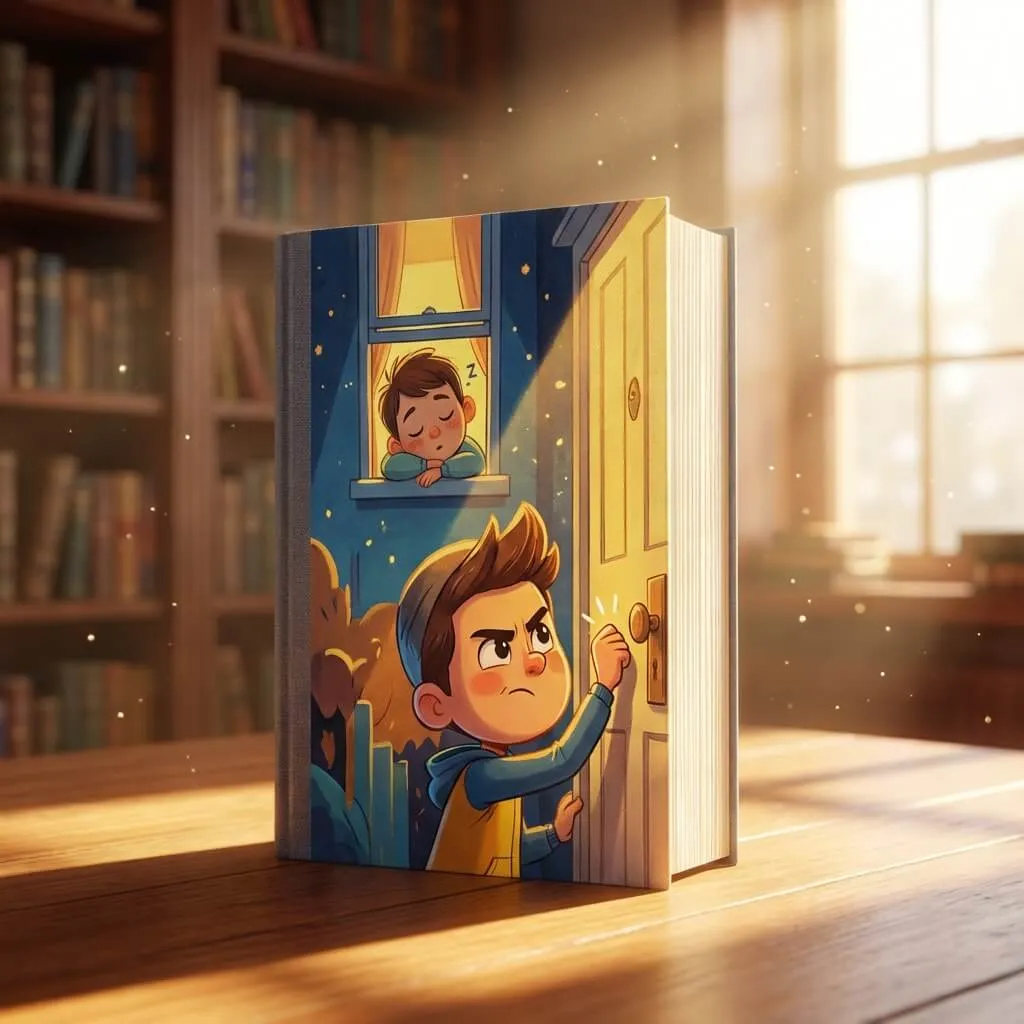 3D illustration of a young boy knocking on a door at night while another friend sleeps in a window.