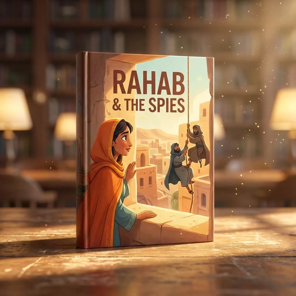 Cinematic 3D book cover of Rahab looking out a window as spies climb down a rope.