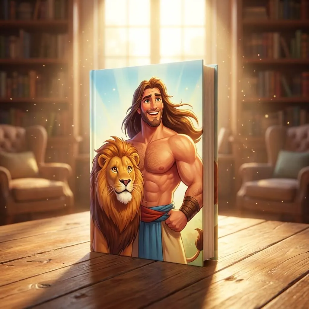 Heroic 3D render of a powerful Samson standing next to a majestic lion.
