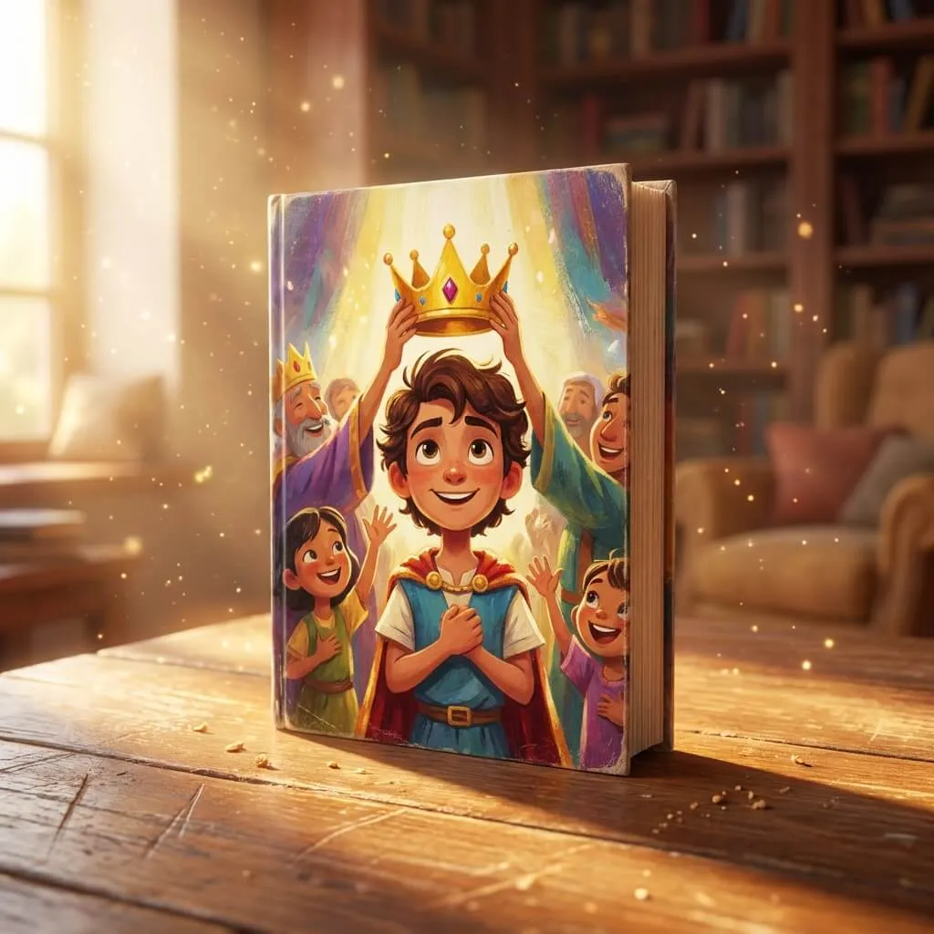3D illustration of a young David being crowned king while a joyful crowd cheers.
