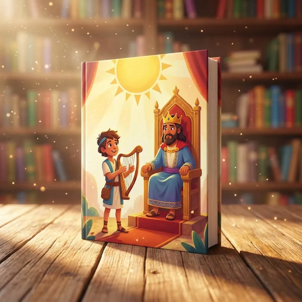 3D scene of young David playing a golden harp for King Saul in a grand royal throne room.