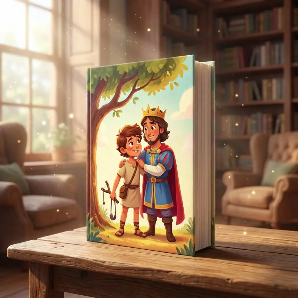 Heartwarming 3D illustration of two best friends, David and Jonathan, in a forest setting.