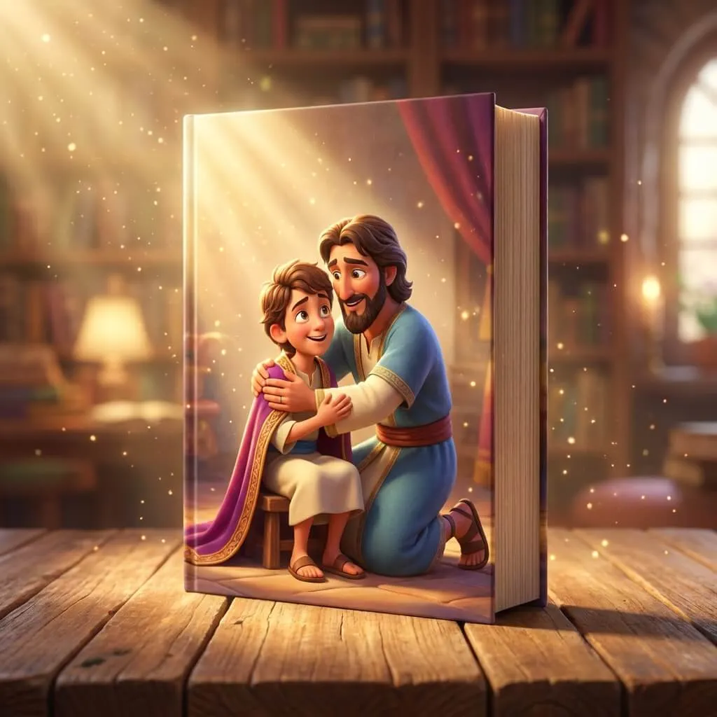 3D scene of King David showing compassion to a young man seated at a royal table.