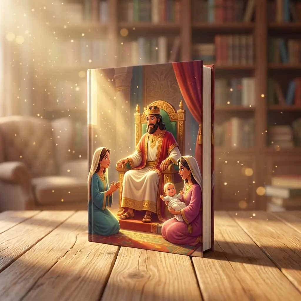3D cinematic render of King Solomon on his throne giving a wise judgment to two women.