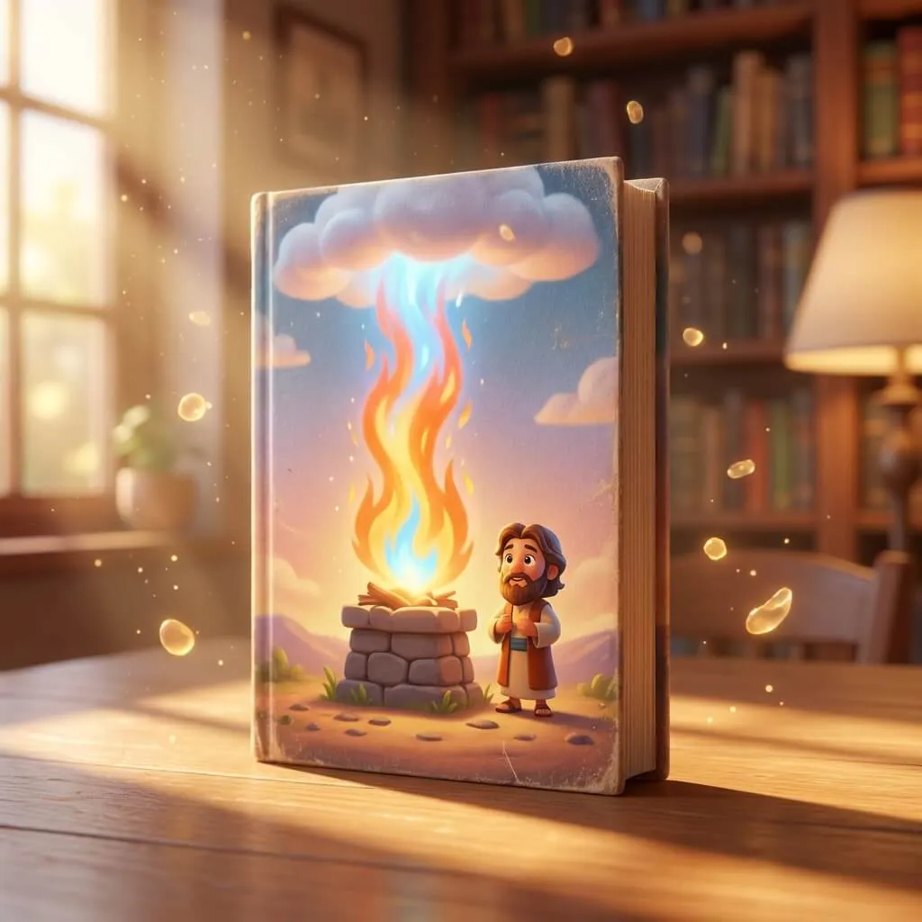 Intense 3D action scene of fire falling from a cloud onto a stone altar before Elijah.