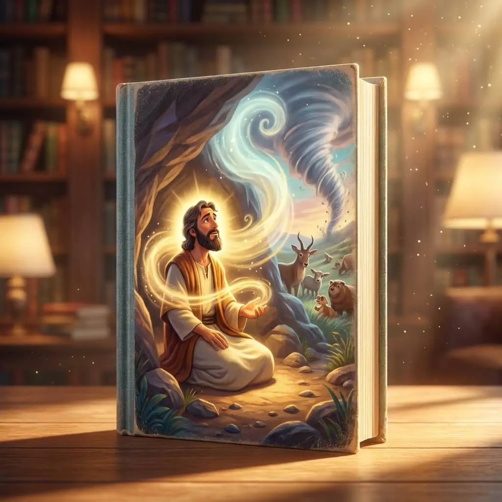 Peaceful 3D illustration of Elijah kneeling in a cave while a gentle light swirls around him.