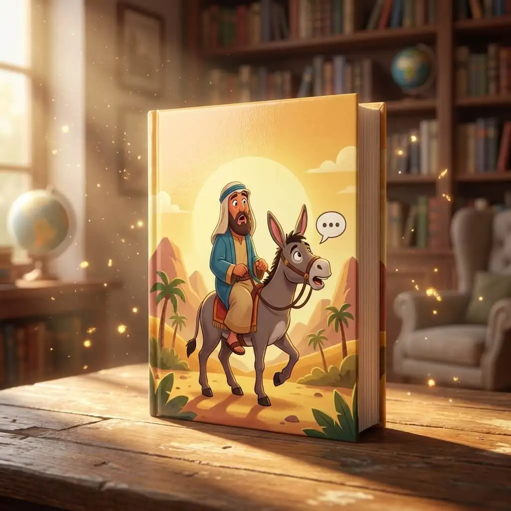 Whimsical 3D book cover of a surprised Balaam on a donkey that is speaking to him.