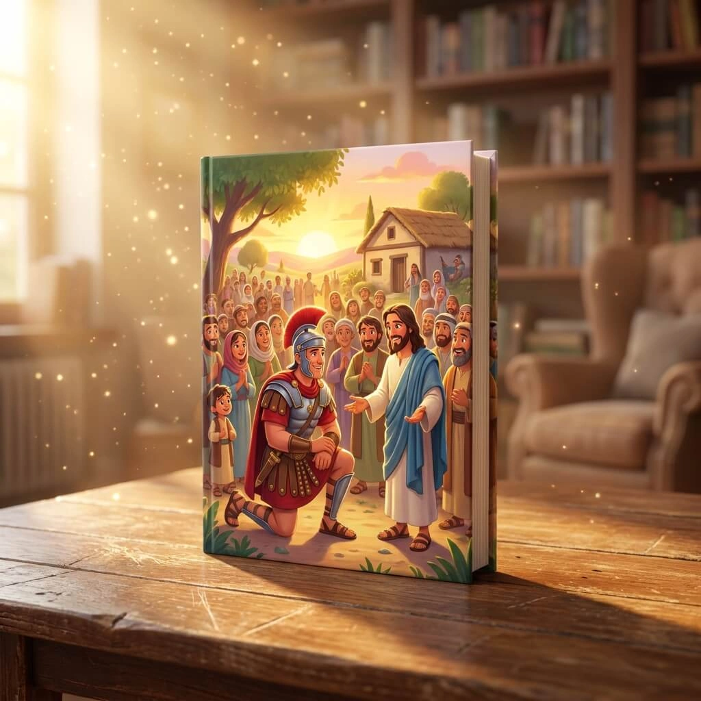 3D illustration of a Roman Centurion kneeling in faith before Jesus in a crowded village.