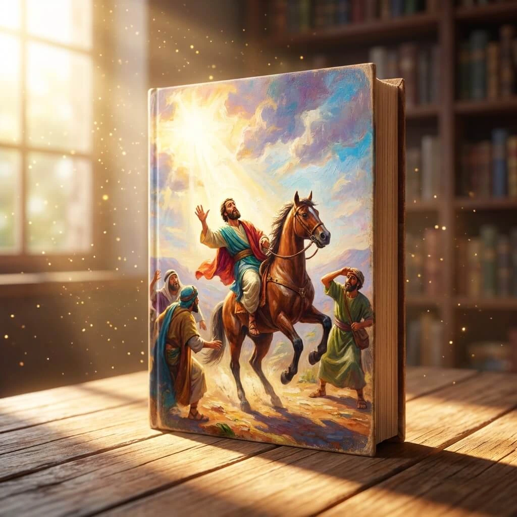 A cinematic 3D Pixar-style children's Bible book showing the Conversion of Paul on the road to Damascus with a bright divine light.