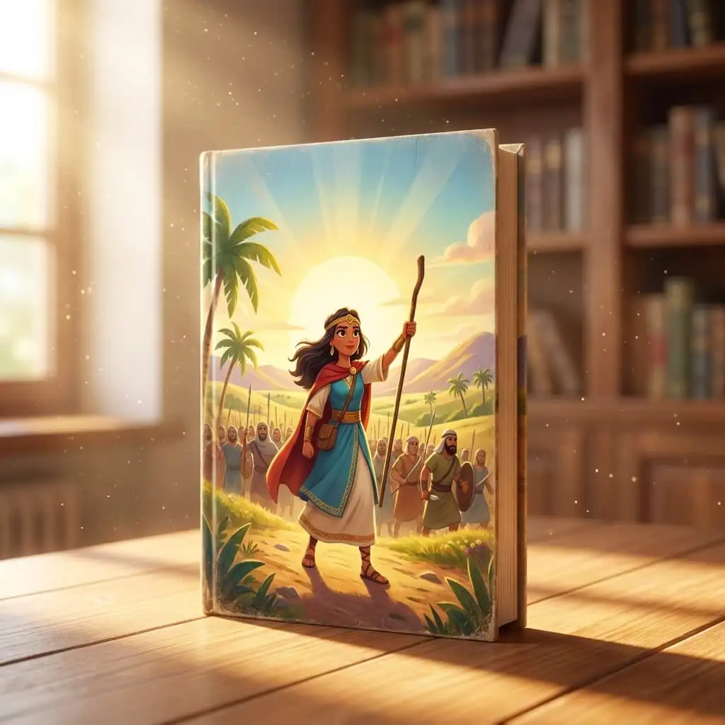 High-quality 3D render of Deborah the judge standing bravely with a staff under a palm tree.