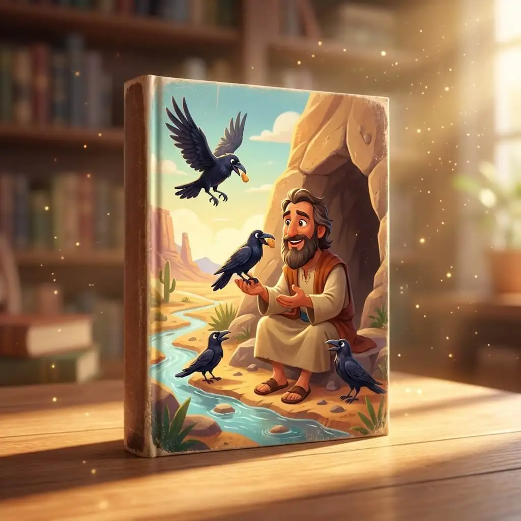 Magical 3D scene of Elijah sitting by a stream while ravens bring him food near a cave.