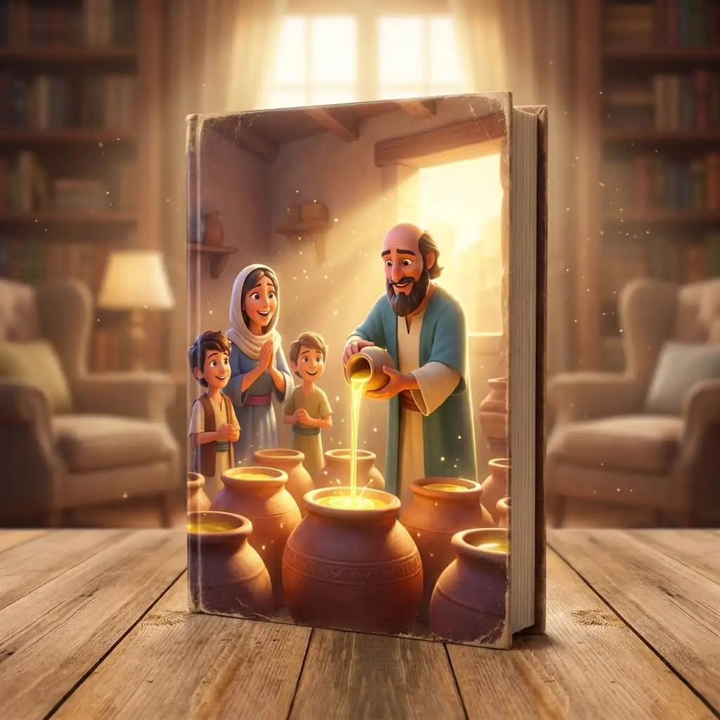 3D magical scene of Elisha pouring oil into many jars that never seem to run dry.