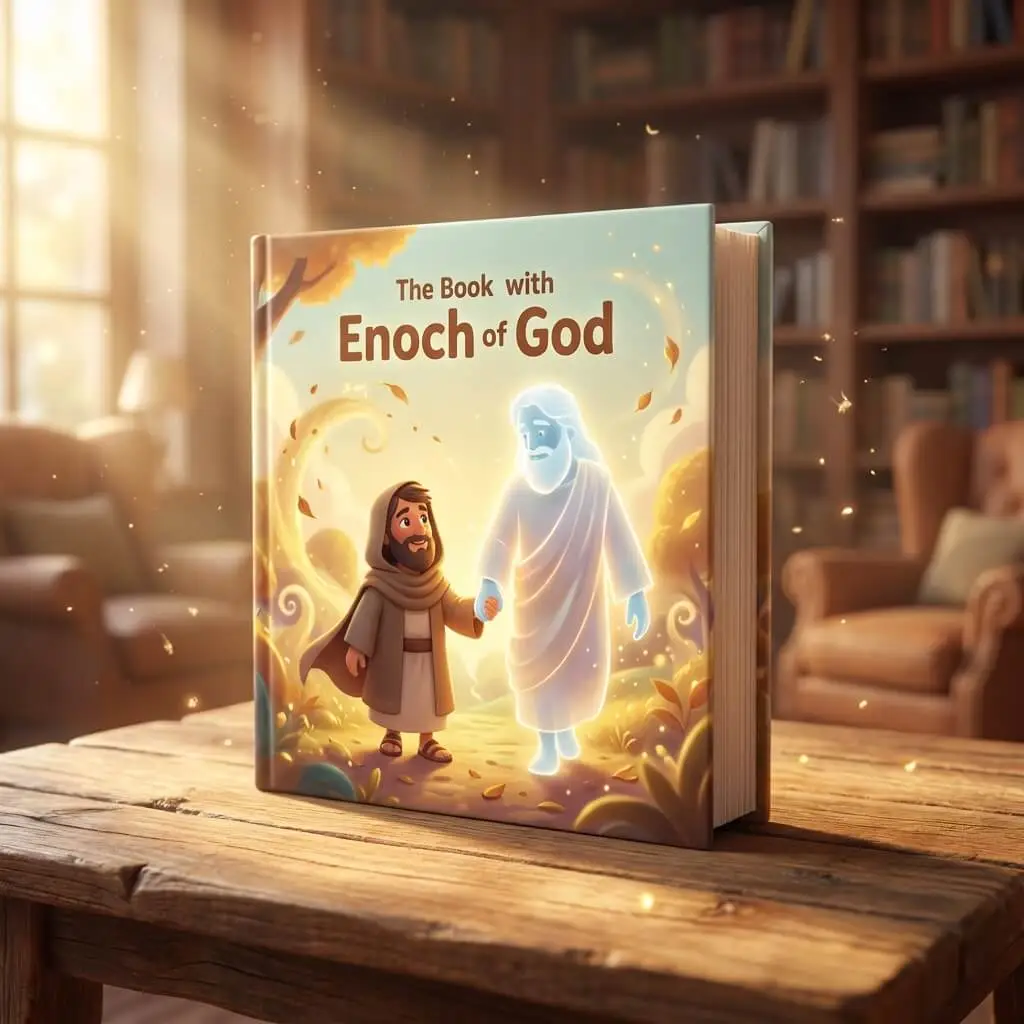 Celestial 3D illustration of Enoch walking hand-in-hand with a glowing figure in a golden forest.