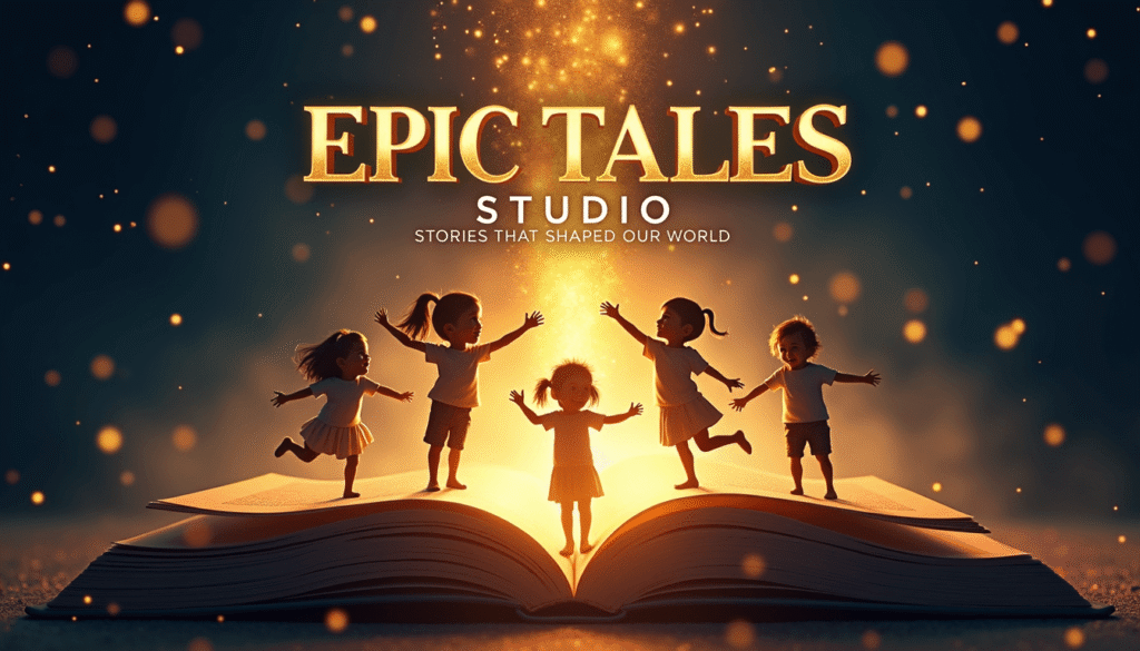 Children reading a glowing Bible storybook - Epic Faith Studio