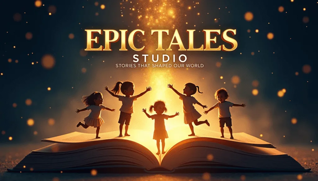 Children reading a glowing Bible storybook - Epic Faith Studio