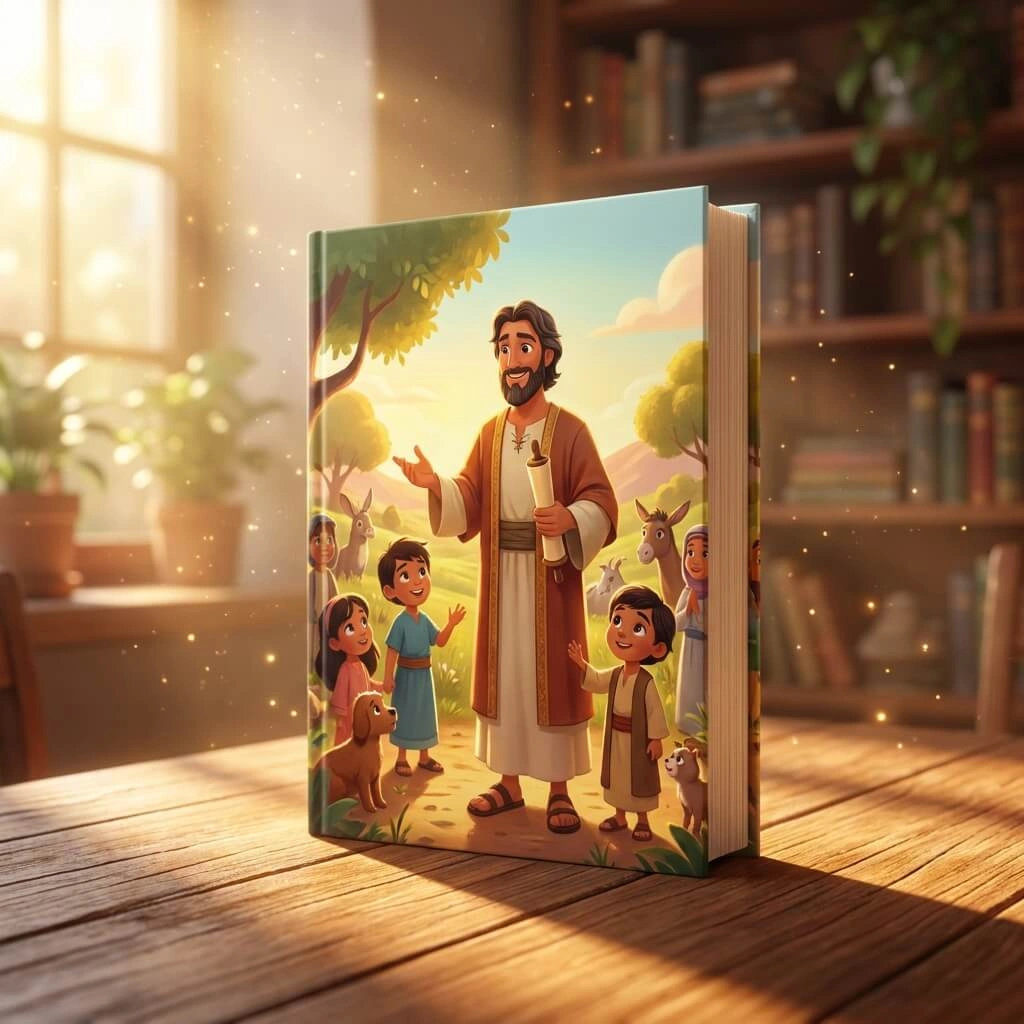 Pixar-style 3D illustration of Ezra reading a scroll to a group of children in a garden.