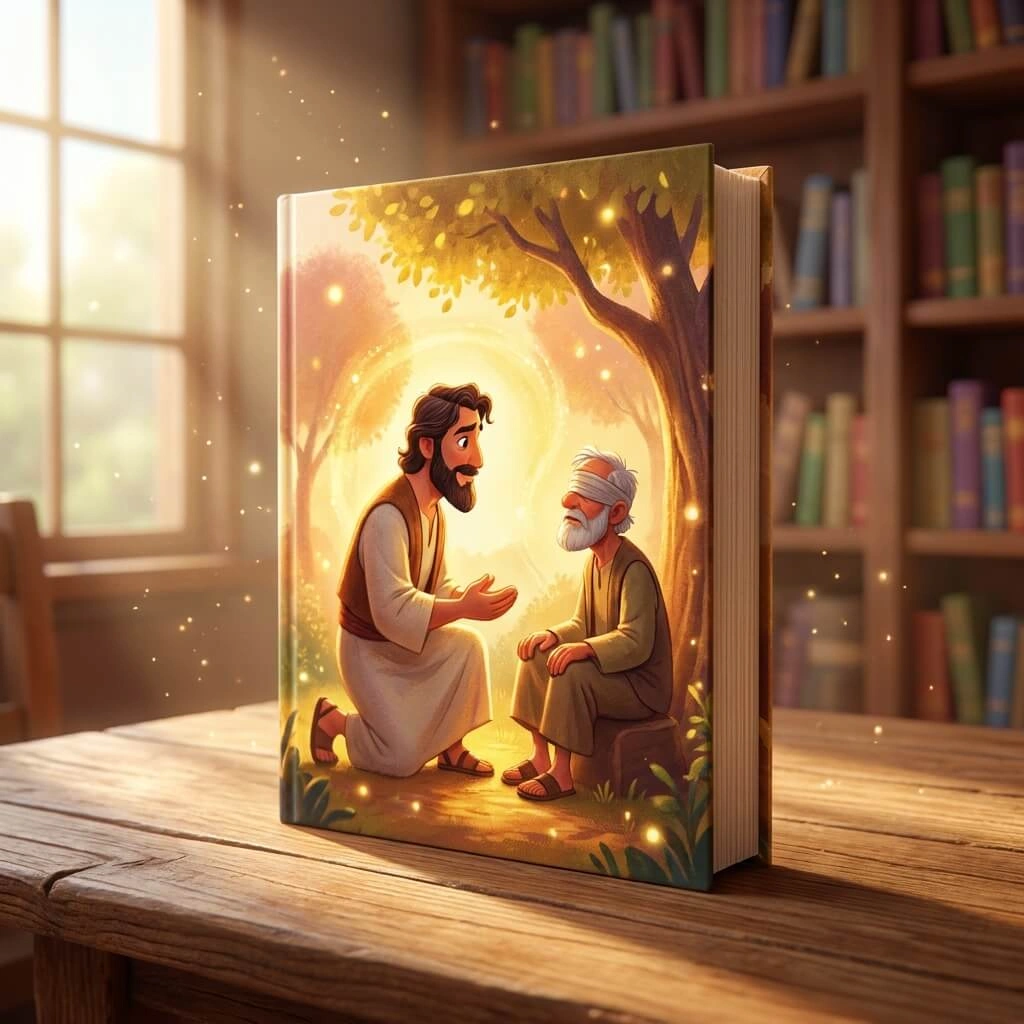 Heartwarming 3D scene of Jesus kneeling to heal the eyes of Bartimaeus under a tree.
