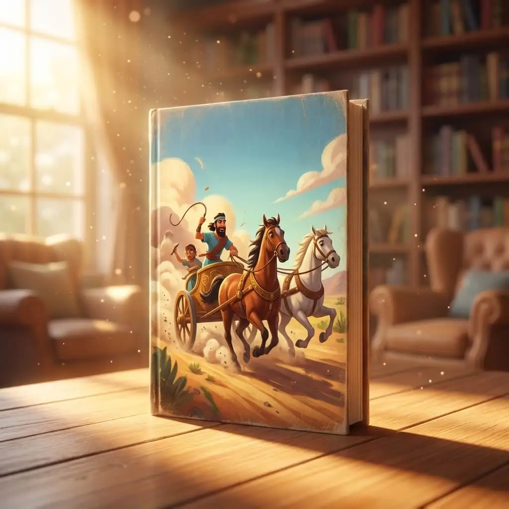 Dynamic 3D action scene of Jehu driving a horse-drawn chariot at high speed through the desert.