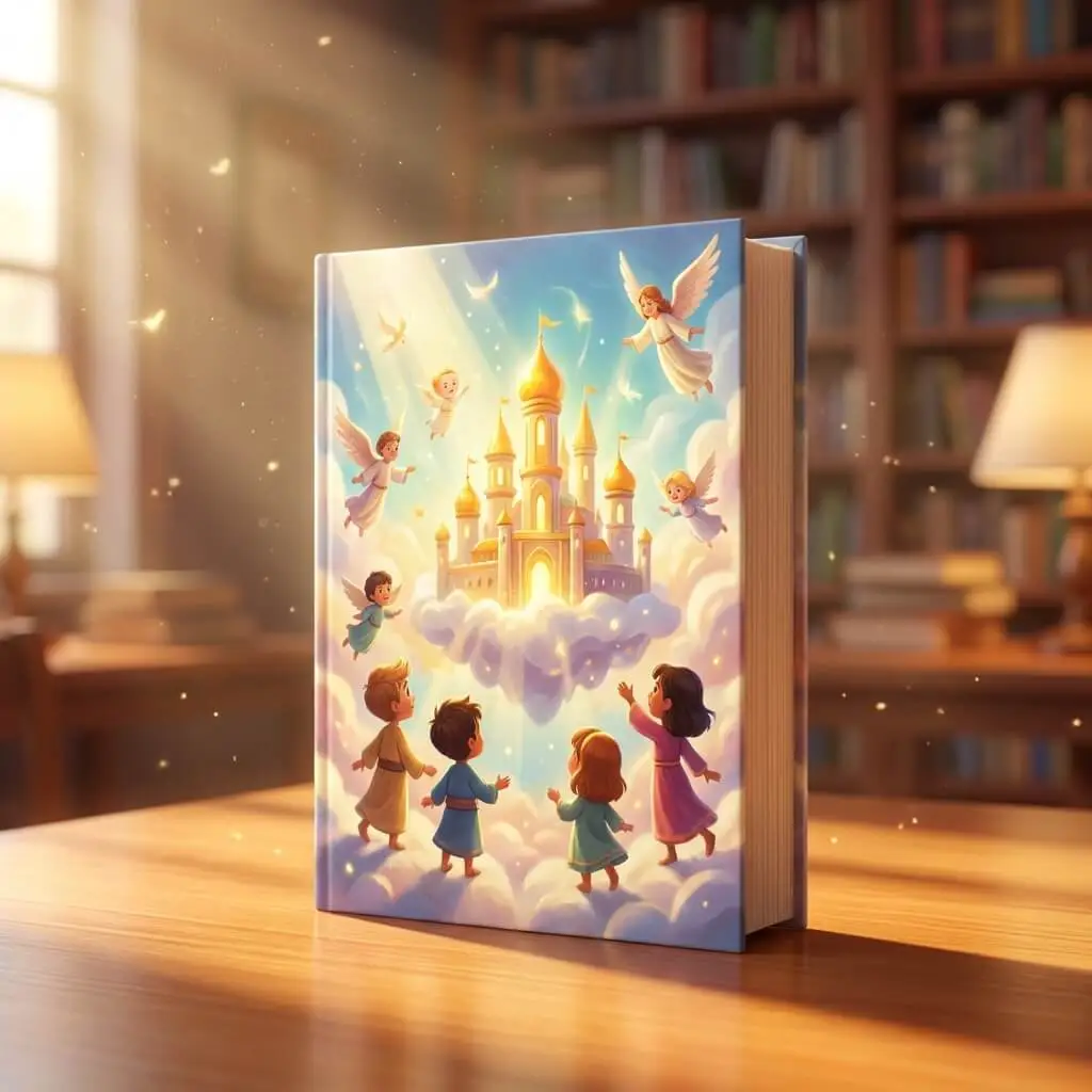 Celestial 3D book cover showing children looking up at a golden castle in the clouds with angels.