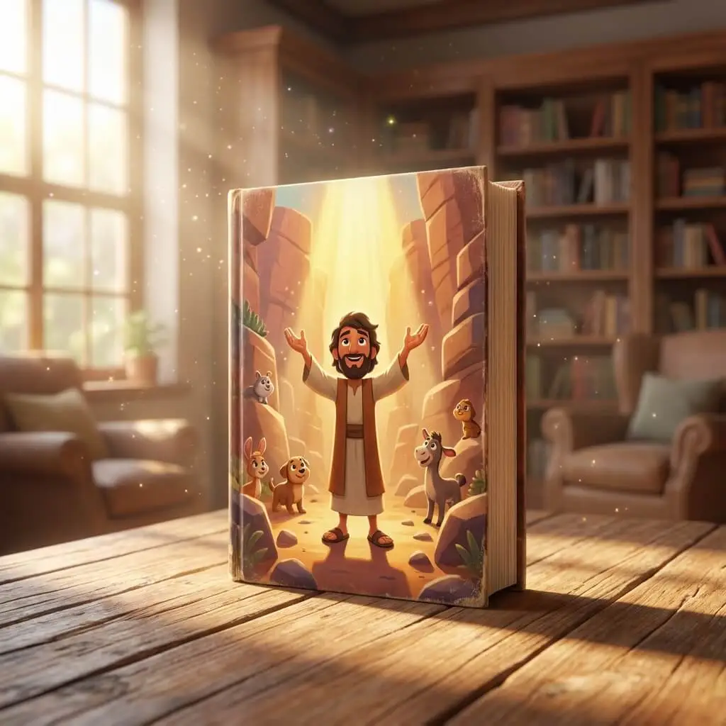 3D cinematic book cover of Joshua praying as the sun and moon stand still in the sky.