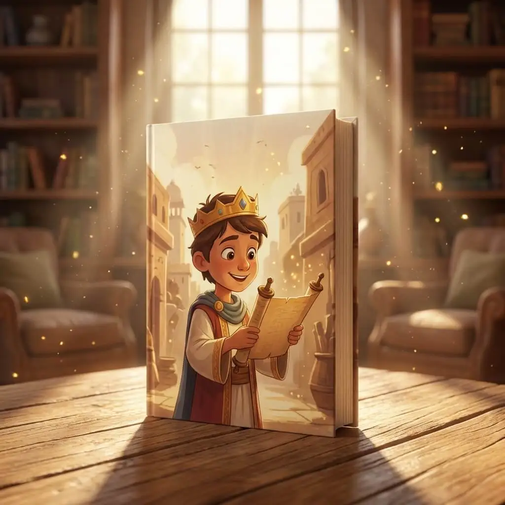 3D render of the young King Josiah wearing a crown and discovering an ancient scroll.