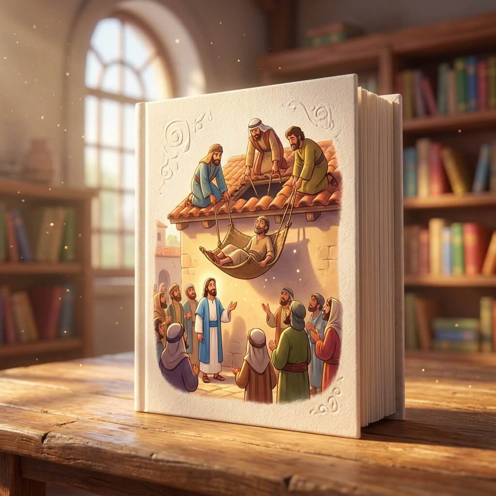 Creative 3D book cover of four friends lowering a man on a mat through a hole in a roof to Jesus.
