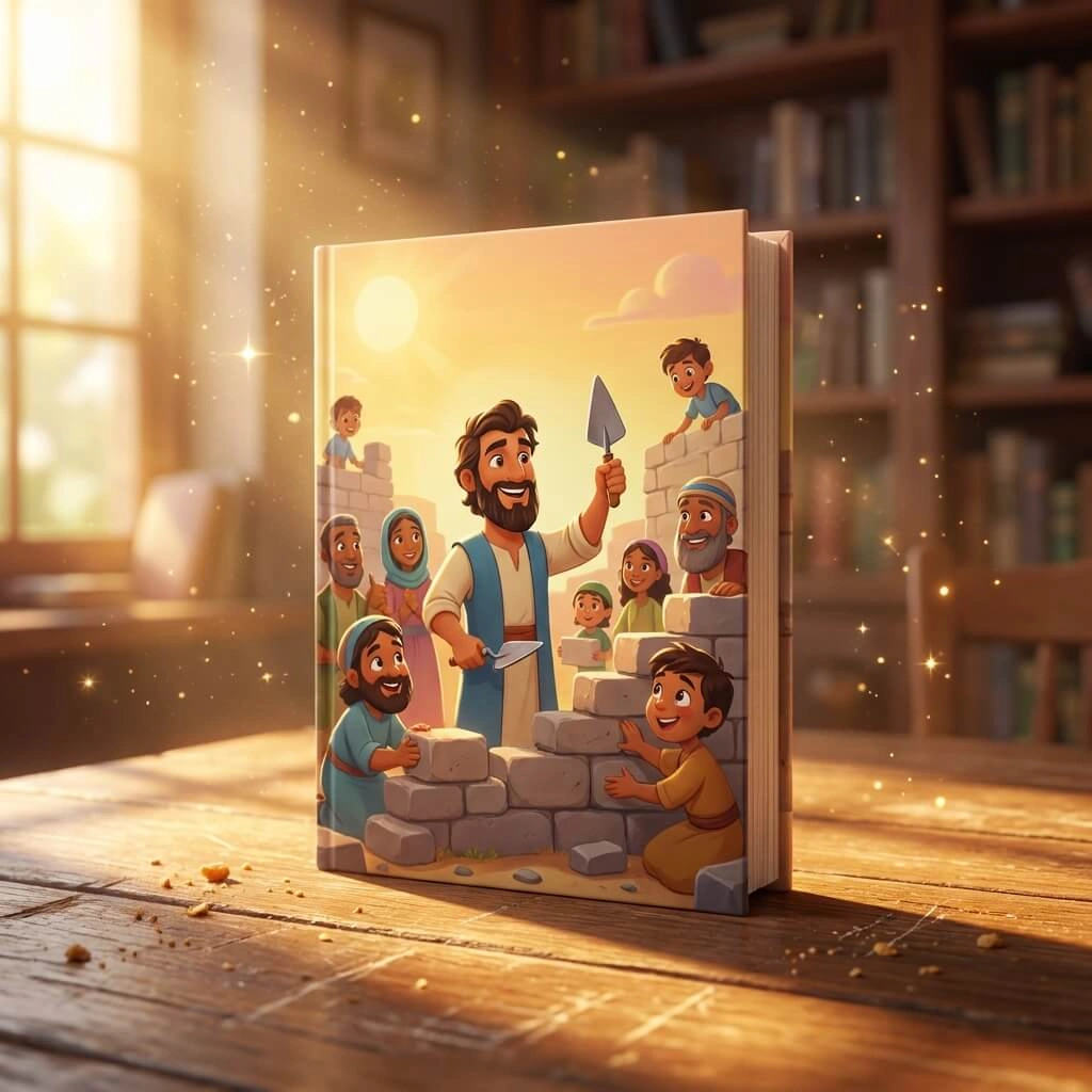 3D cinematic book cover of Nehemiah and his team rebuilding the stone walls of Jerusalem.
