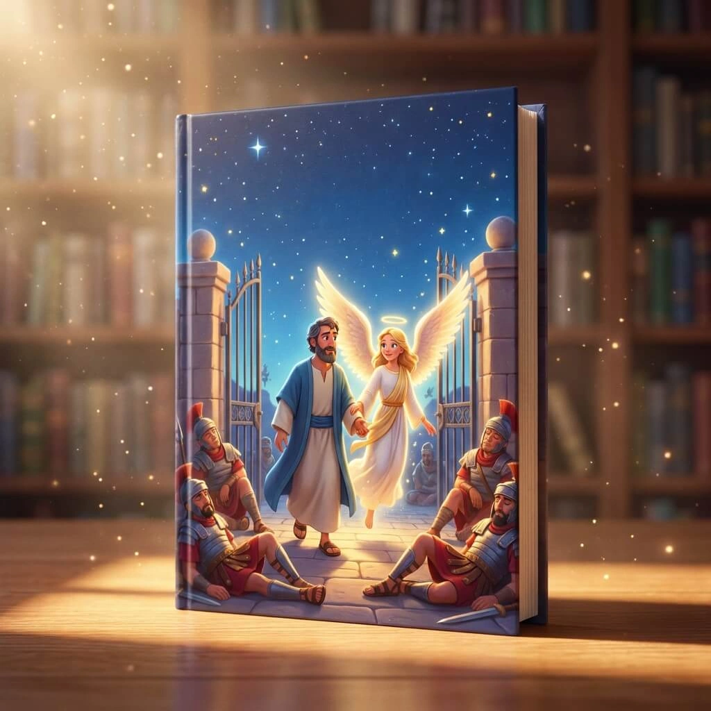 Magical 3D scene of an angel leading Peter out of a dark prison cell past sleeping guards.