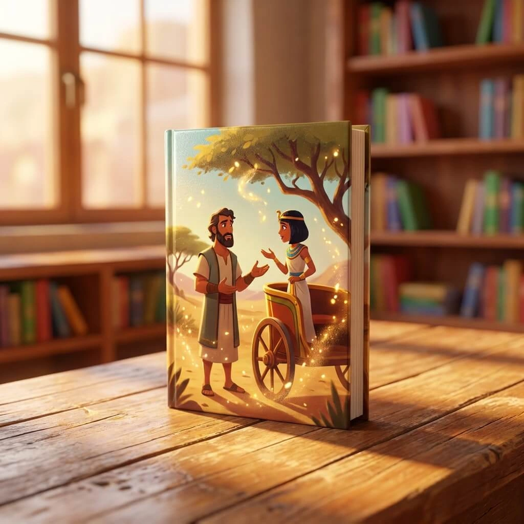 3D cinematic render of Philip talking to a traveler in a chariot on a desert road.