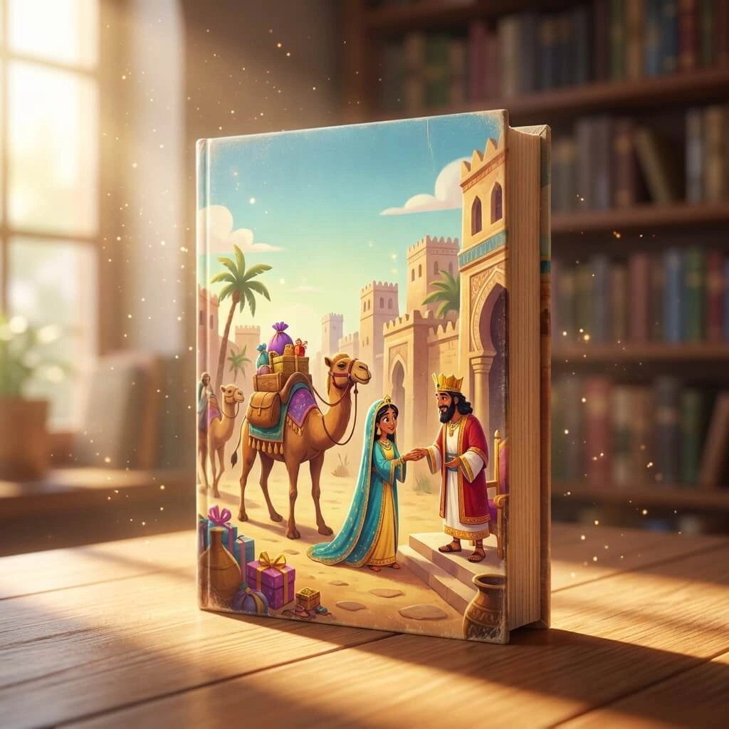 3D cinematic cover showing the Queen of Sheba arriving with camels and gifts to see King Solomon.