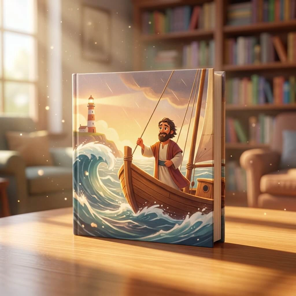 3D action illustration of Paul on a wooden ship in a stormy sea with a lighthouse in the distance.