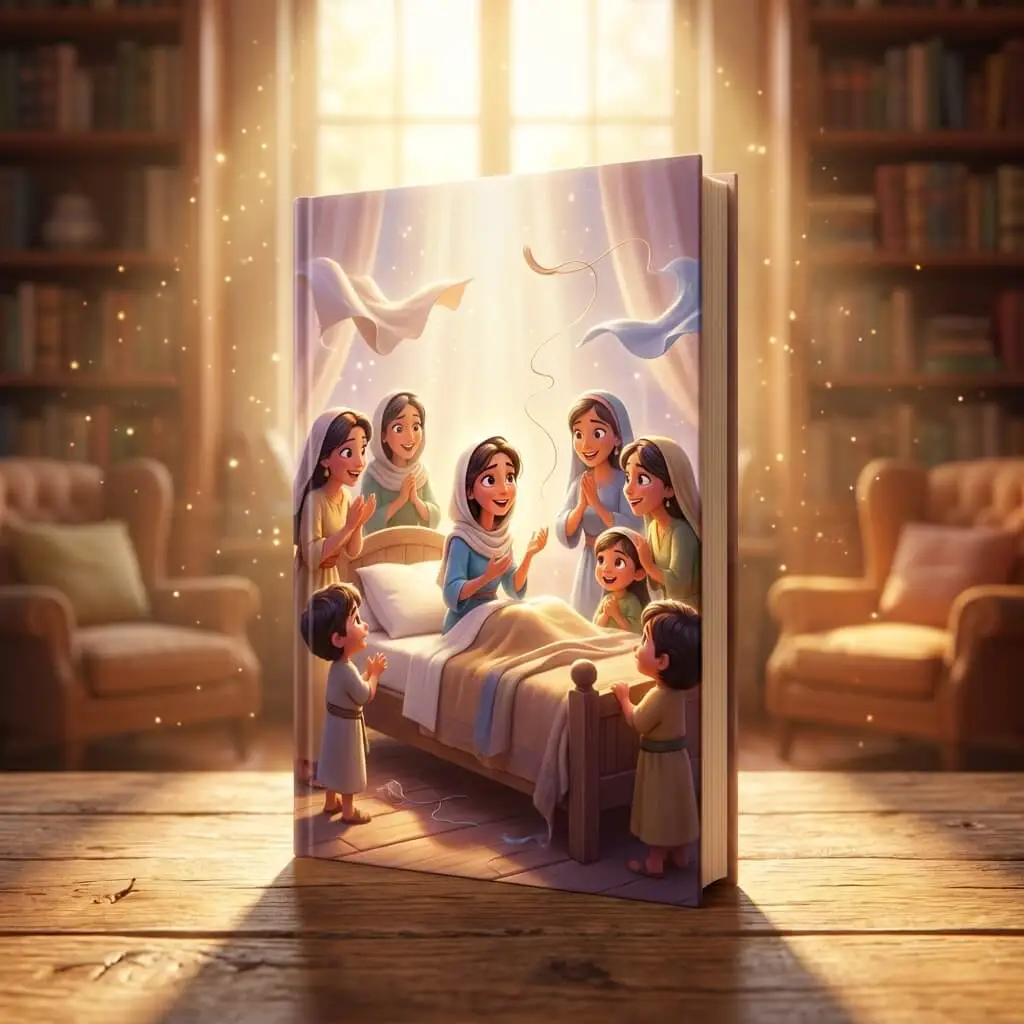 3D heartwarming scene of Tabitha waking up and being greeted by joyful friends.