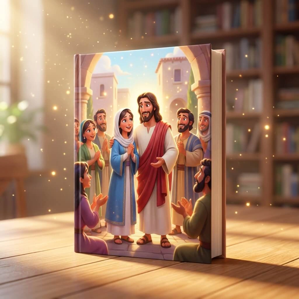 3D festive scene of Jesus at a wedding feast surrounded by jars of water turned to wine.