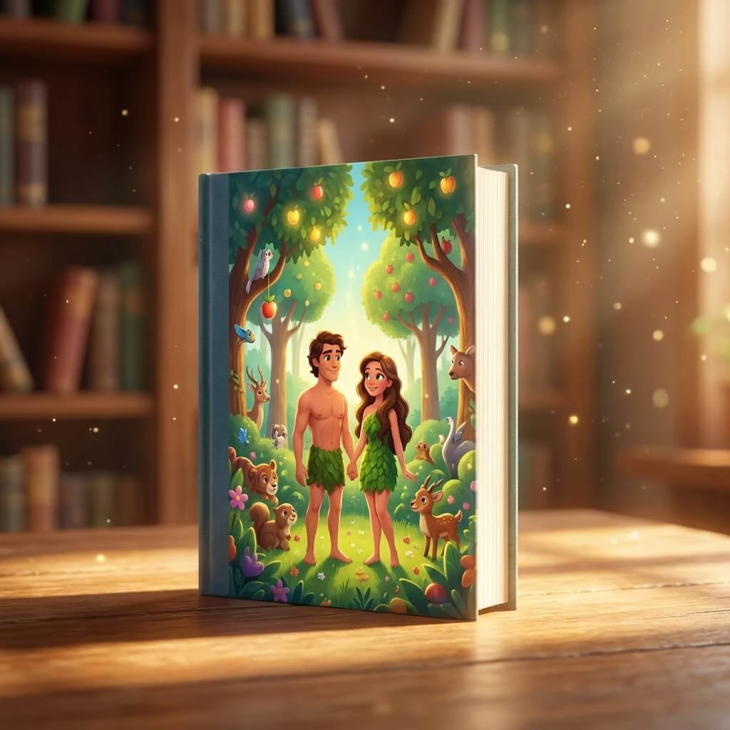 A cinematic 3D Pixar-style children's Bible book featuring Adam and Eve surrounded by vibrant nature and animals in the Garden of Eden.